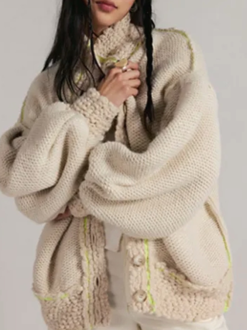 Free People We The Free Winterland Cardigan XL Neon Trim Chunky Knit - Picture 9 of 9